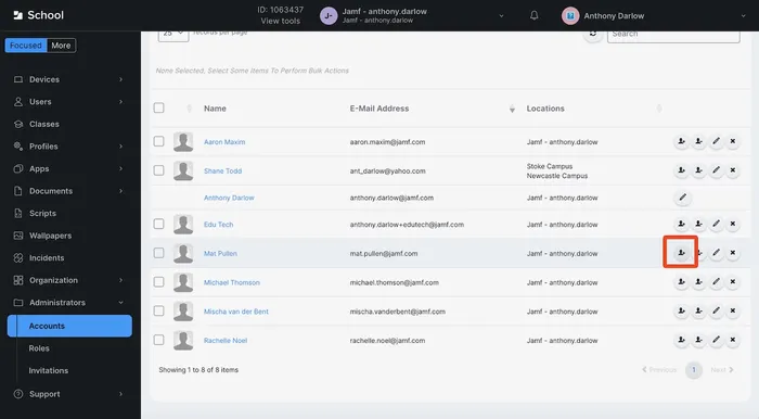 List of users in Jamf School with the option to select a role for each user