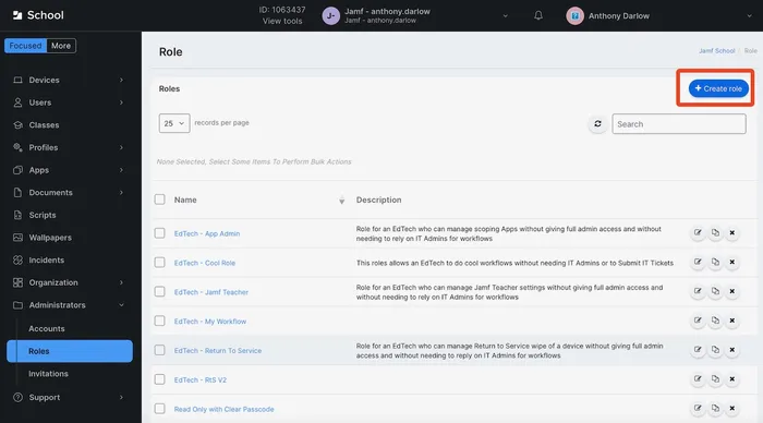 Role menu in Jamf School with the option to Create role