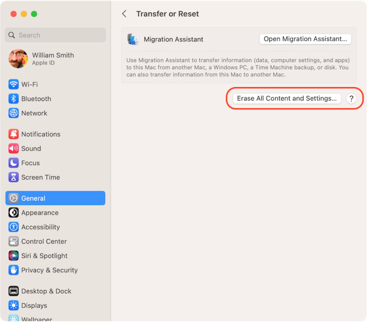 Erase all content and settings button in macOS Ventura