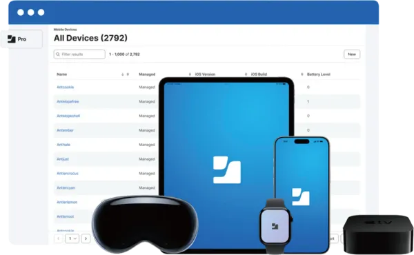 Image showing several Apple devices with Jamf Pro's user interface listing All Devices.