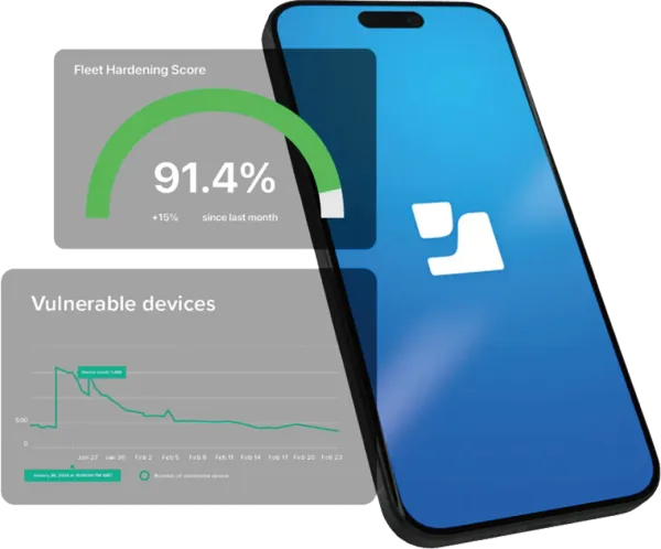 A graphic showing an iPhone with a Jamf logo and floating windows showing a Fleet Hardening Score of 91.4 percent and Vulnerable Devices.