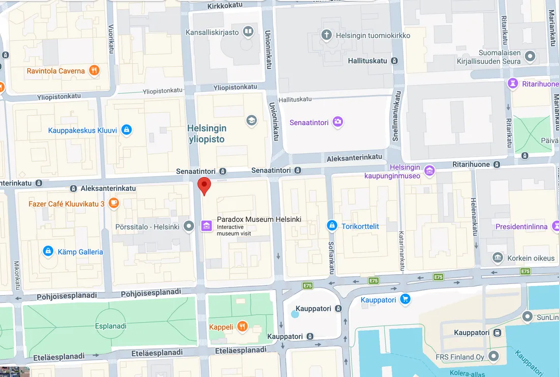 Map of downtown Helsinki with a red pin located on Unioninkatu near Senaatintori and the Paradox Museum.