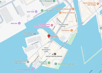 A Google Maps screenshot of the Tjuvholmen neighborhood in Oslo, Norway. A red pin marks the location of