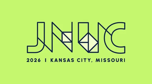 JNUC 2026 logo in navy on lime green background with geometric lettering.