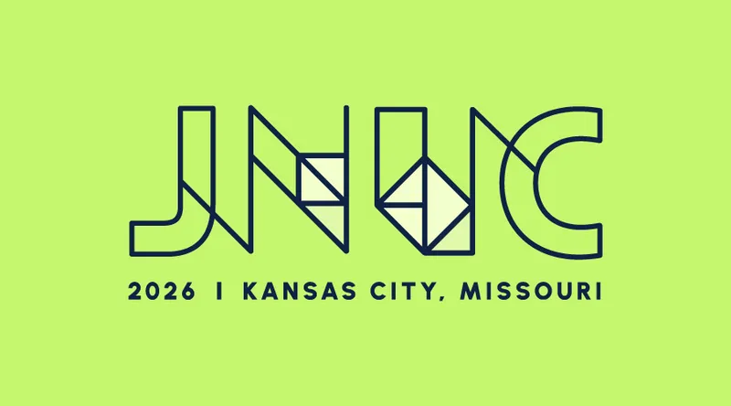 JNUC 2026 logo in navy on lime green background with geometric lettering.