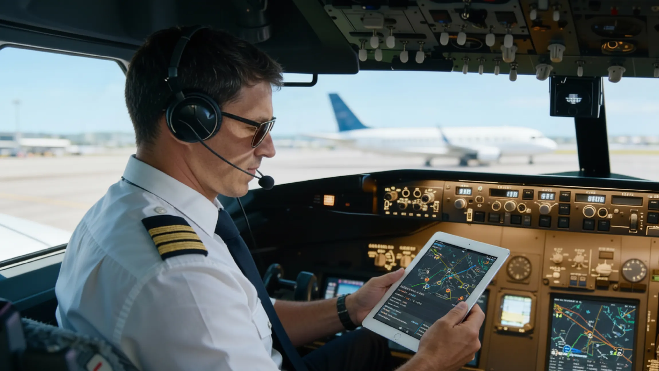 A pilot using an iPad in a plane cockpit.