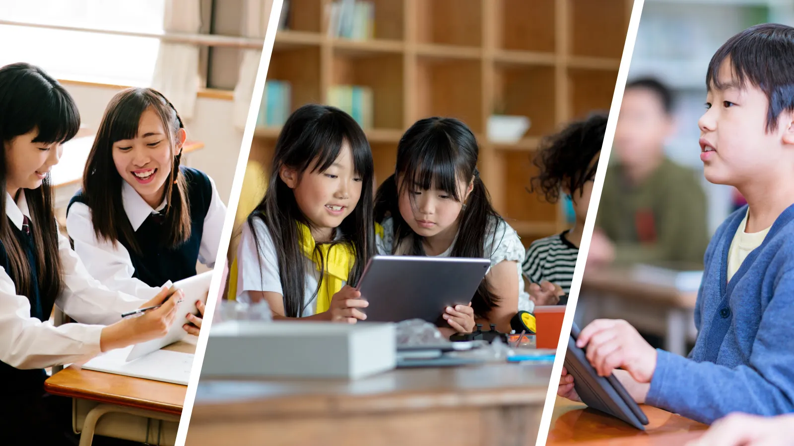 Three vertically split images show different groups of young students engaged in learning activities on Apple iPads.