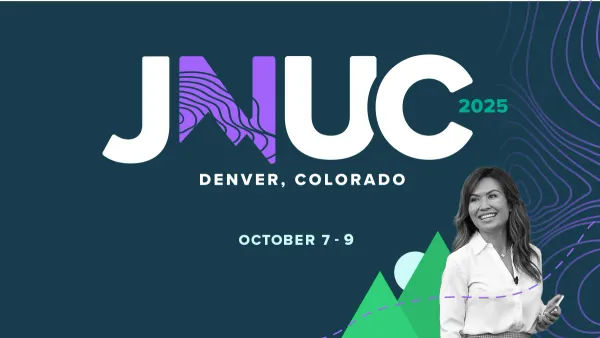 A promotional image for the JNUC 2025 conference in Denver, Colorado. The image features a woman standing confidently with a smartphone in her hand, overlaid on a graphic of mountains.