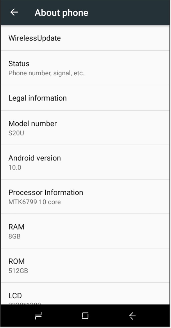 Fake Android phone specifications in settings indicating it is an Android 10 with 8 GB RAM and 512 MB ROM