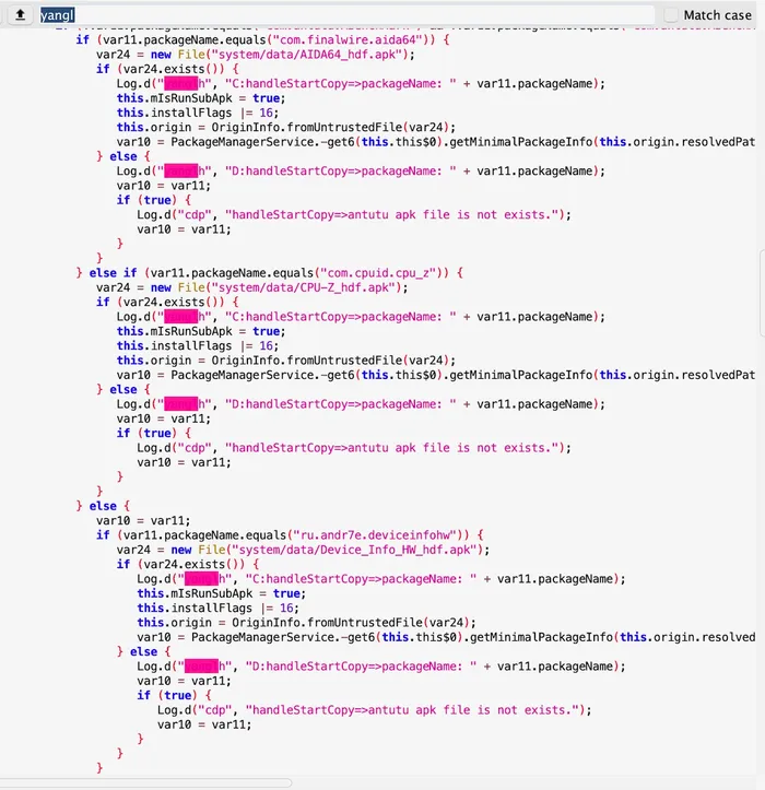 Code showing how the fake phone shows the wrong version in Package Manager