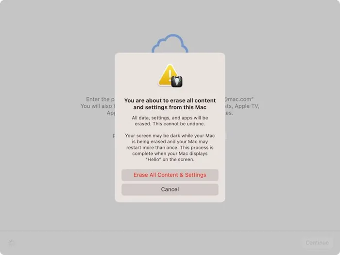 Final warning window before erasing all content and settings from macOS