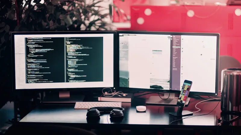 A work desk with dual monitors, headphones, a keyboard and mouse, and a smartphone on a stand