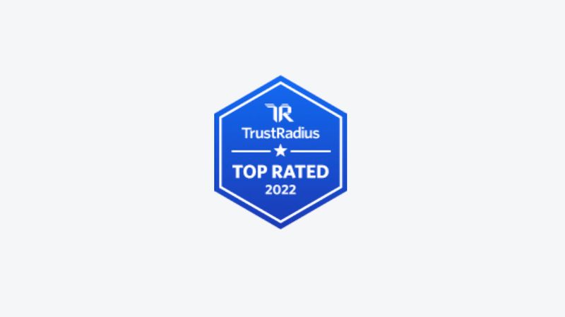 A blue hexagonal badge on a white background with the TrustRadius logo and the words