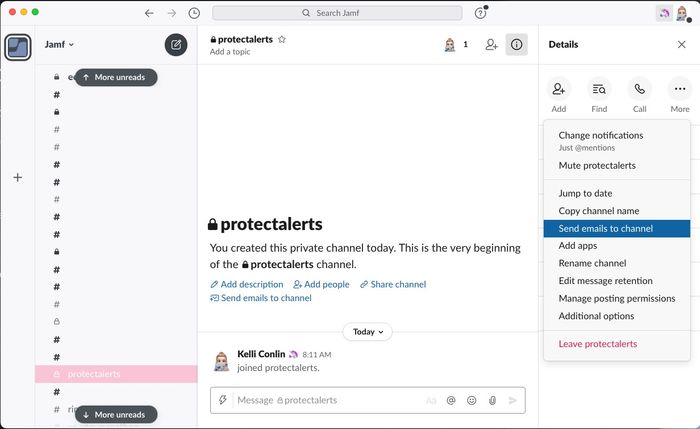 Screenshot of Slack channel created to capture alerts sent from Jamf Protect.