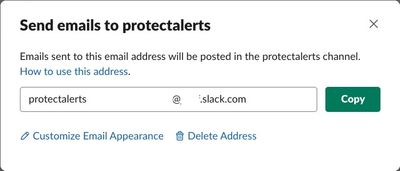 Screenshot of the unique email generated by Slack to receive Jamf Protect alerts.