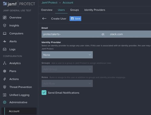 Screenshot of Jamf Protect console where a new user is created to rely email notifications to Slack.