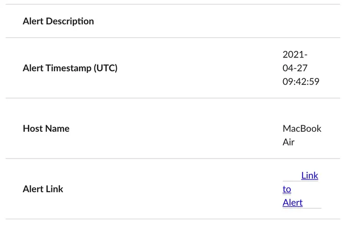 Screenshot of Slack notification, displaying all relevant details of the alert from Jamf Protect.