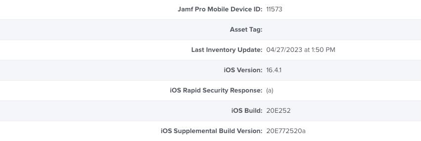Mobile device record in Jamf Pro listing supplemental build version