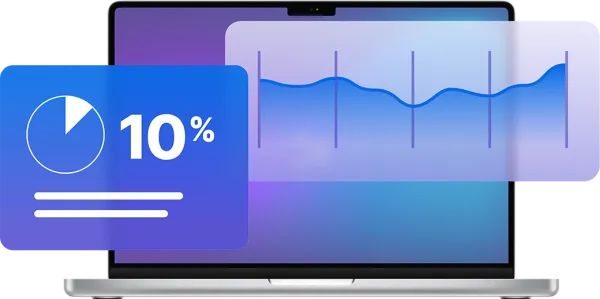 An abstract illustration of a laptop with Jamf Threat Labs data overlays, featuring a blue card with a 10% pie chart and a translucent wave graph.