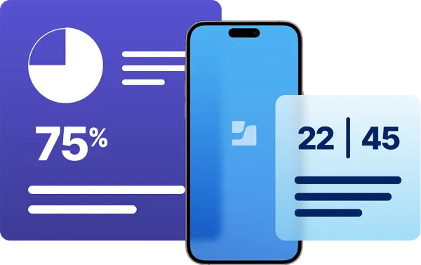 Infographic of a smartphone displaying a security logo, flanked by data cards showing 75% and 22|45 statistics.