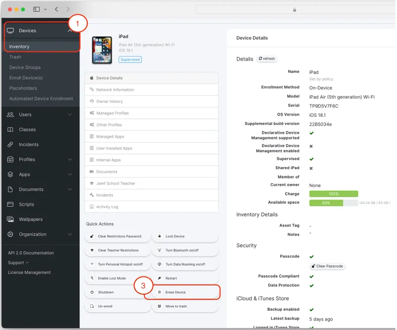 Jamf School screenshot of a device record.