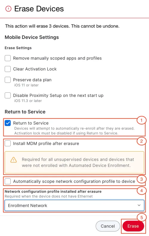 Screenshot of Jamf School's Erase device dialog box with each step above highlighted in red squares; this time for multiple device erasures.