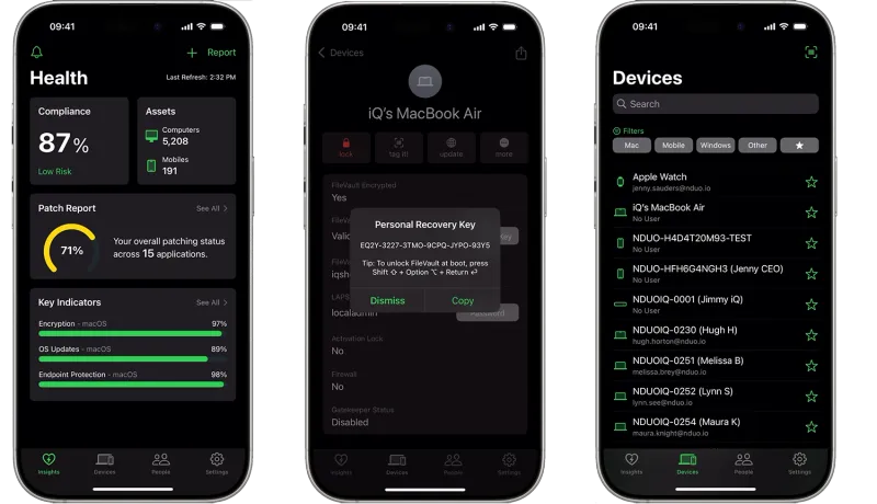 Mobile-sized images of the following Jamf screens: Health, a personal recovery key pop-up and Devices.
