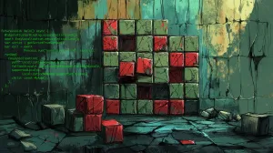 AI-generated imaged of a wall with red-colored blocks hiding amongst multiple green ones.