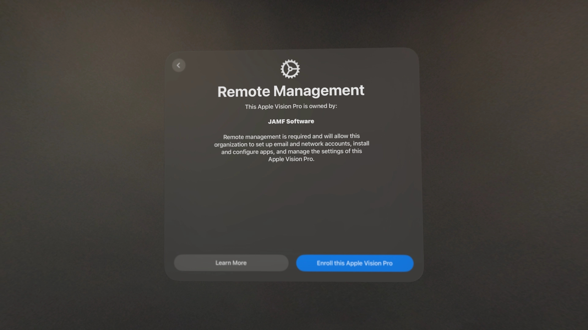 Jamf's Remote Management popup, reading: Remote Management/ This Apple VisionPro is owned by/ Jamf software/ Remote management is required and will allow this organization to set up email and network accounts