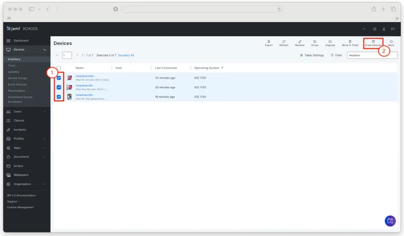 Screen shot of a Jamf School popup allowing for the selection of multiple devices.