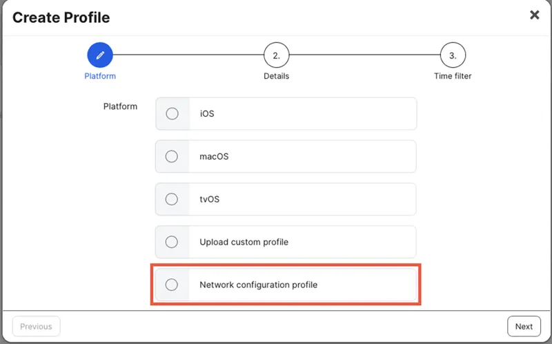 Screenshot of Jamf School's Platform menu with the network configuration profile selected.