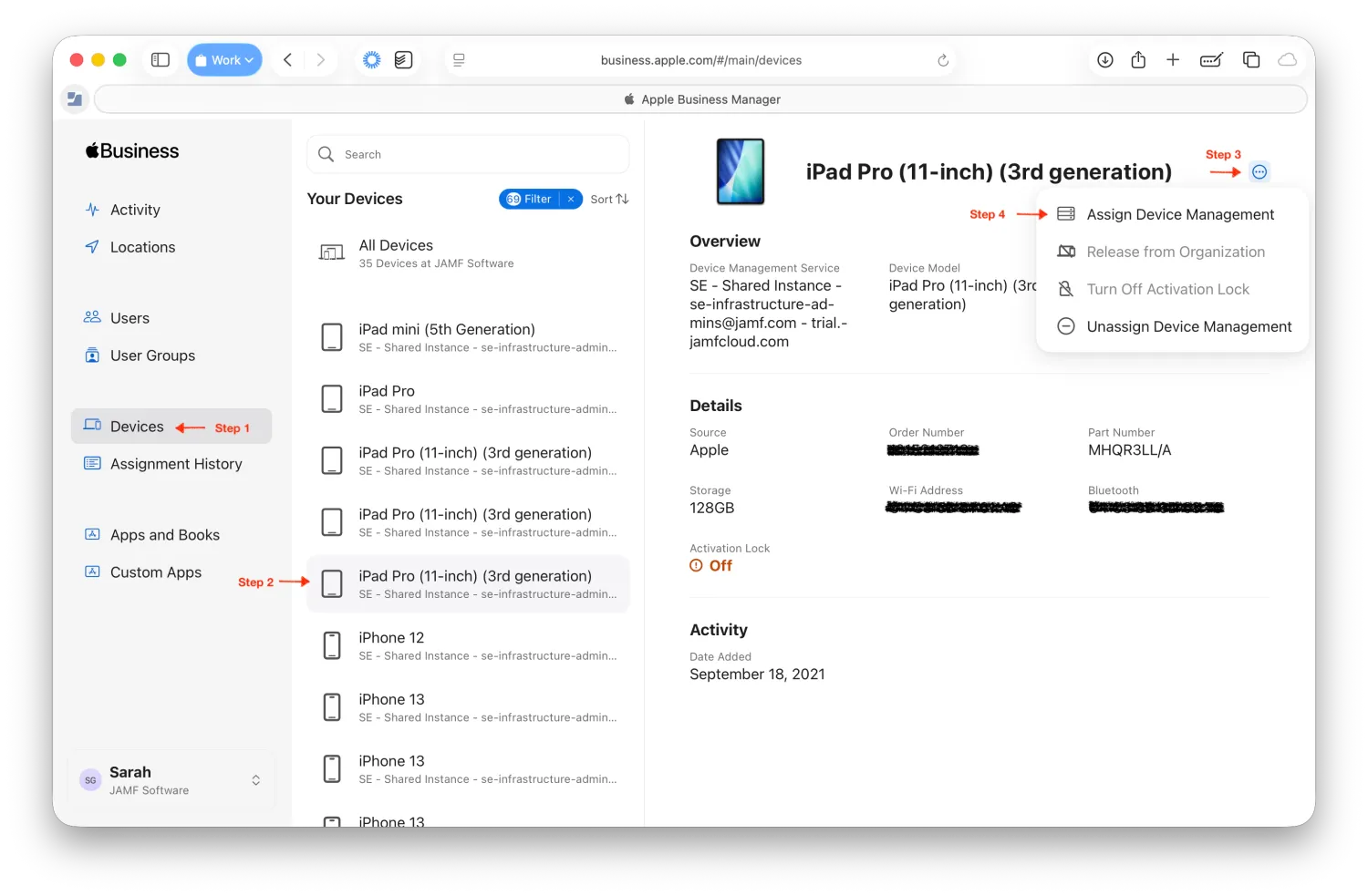 Screen showing the steps for enrolling one device through Apple Business Manager.