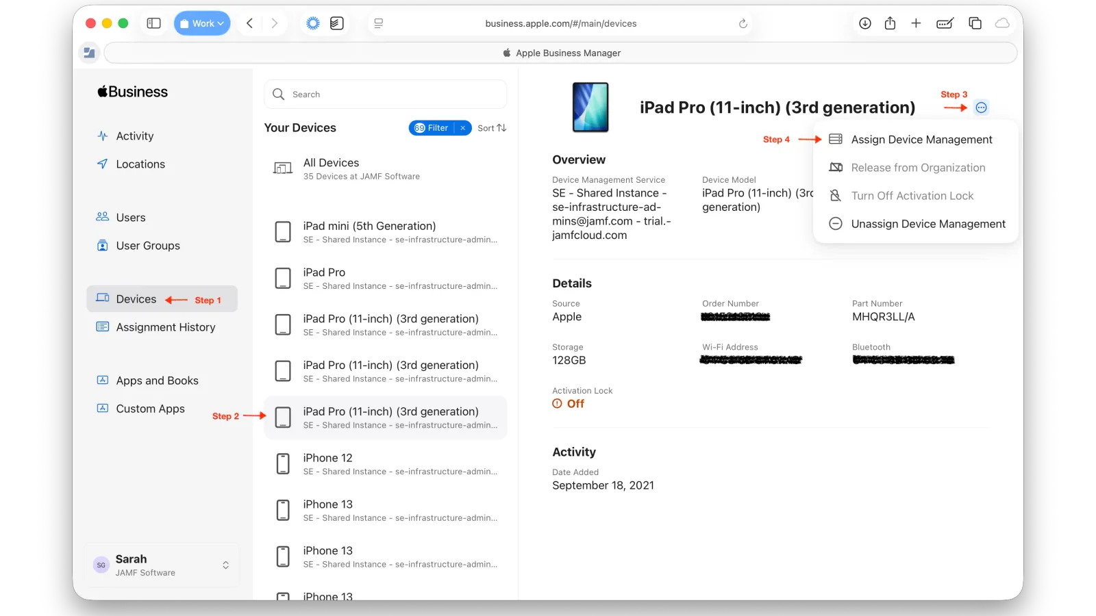 Screenshot of the Apple Business Manager devices screen. It is marked with the location for each step in the admin flow.