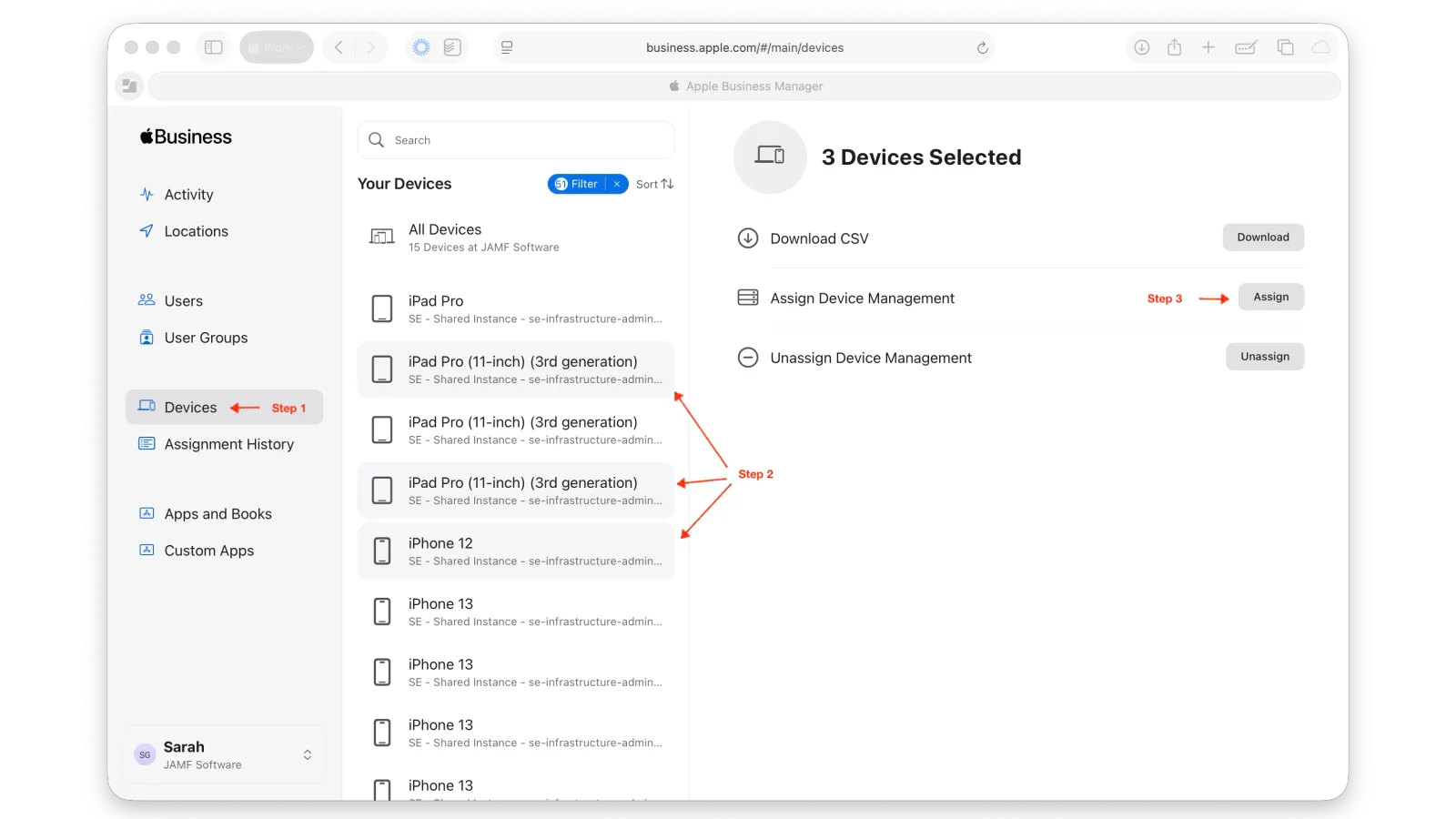Screen shot of Apple Business Manager with the three steps outlined above to migrate multiple devices