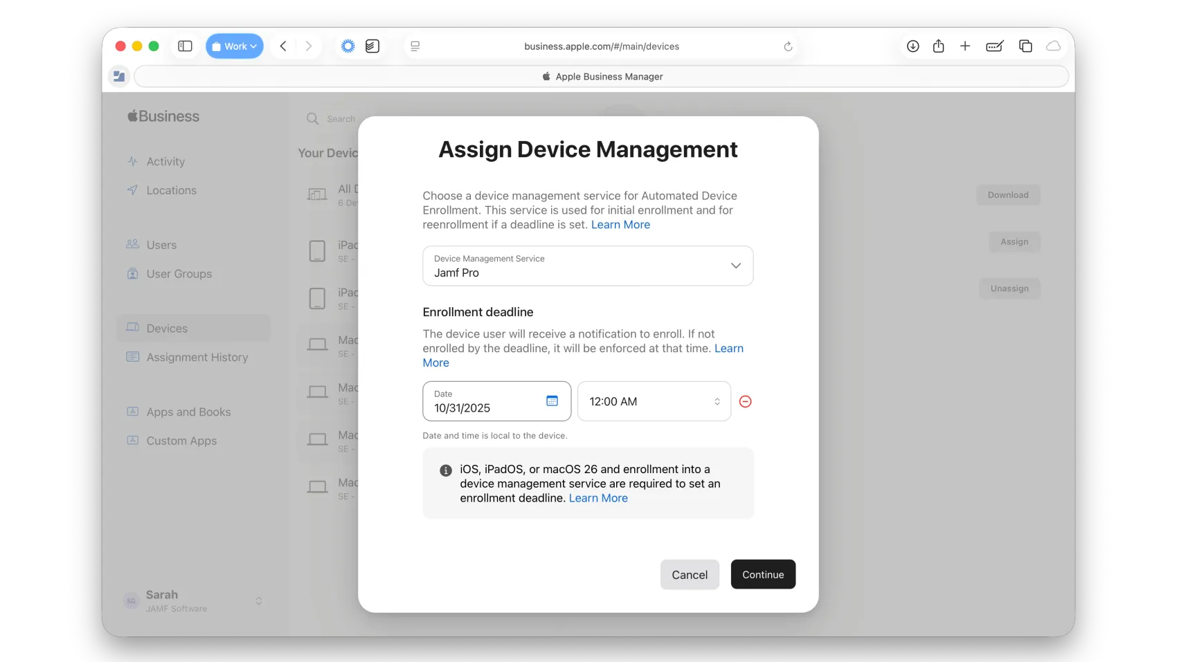 Jamf Business Manager screen displaying the Assign Device Management popup