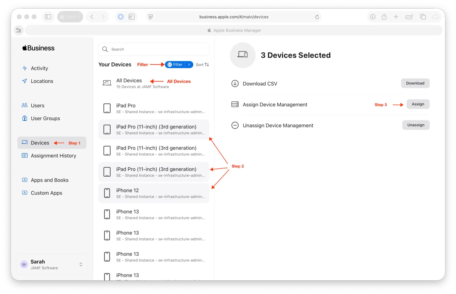 Screen shot of Apple Business Manager with the three steps outlined above to migrate multiple devices