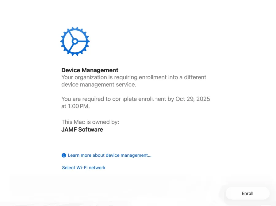 Image of force screen after user has passed the deadline to migrate with a blue gear icon on top.