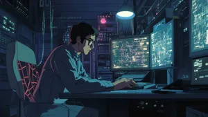 Illustration of a person analyzing events in front of three computer monitors.