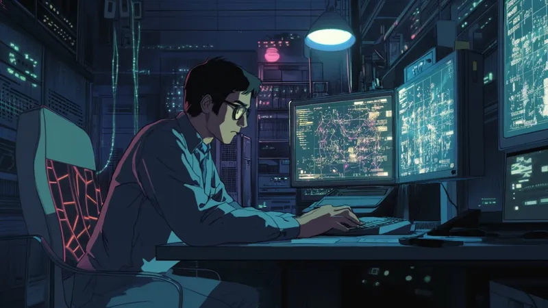 Illustration of a person analyzing events in front of three computer monitors.