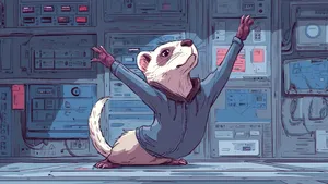 Illustration of a ferret in a computer room doing yoga