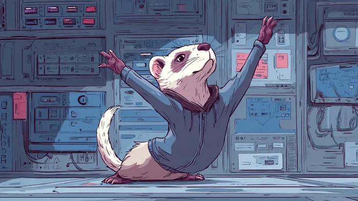 Illustration of a ferret in a computer room doing yoga