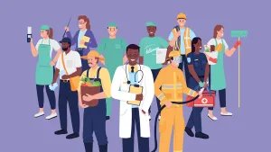 Image of frontline workers in q group: retail, teaching, farmer, mail carrier, doctor, nurse, delivery person, cleaner, EMT and firefighter.