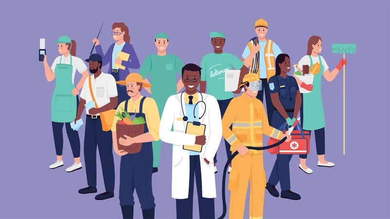 Image of frontline workers in q group: retail, teaching, farmer, mail carrier, doctor, nurse, delivery person, cleaner, EMT and firefighter.
