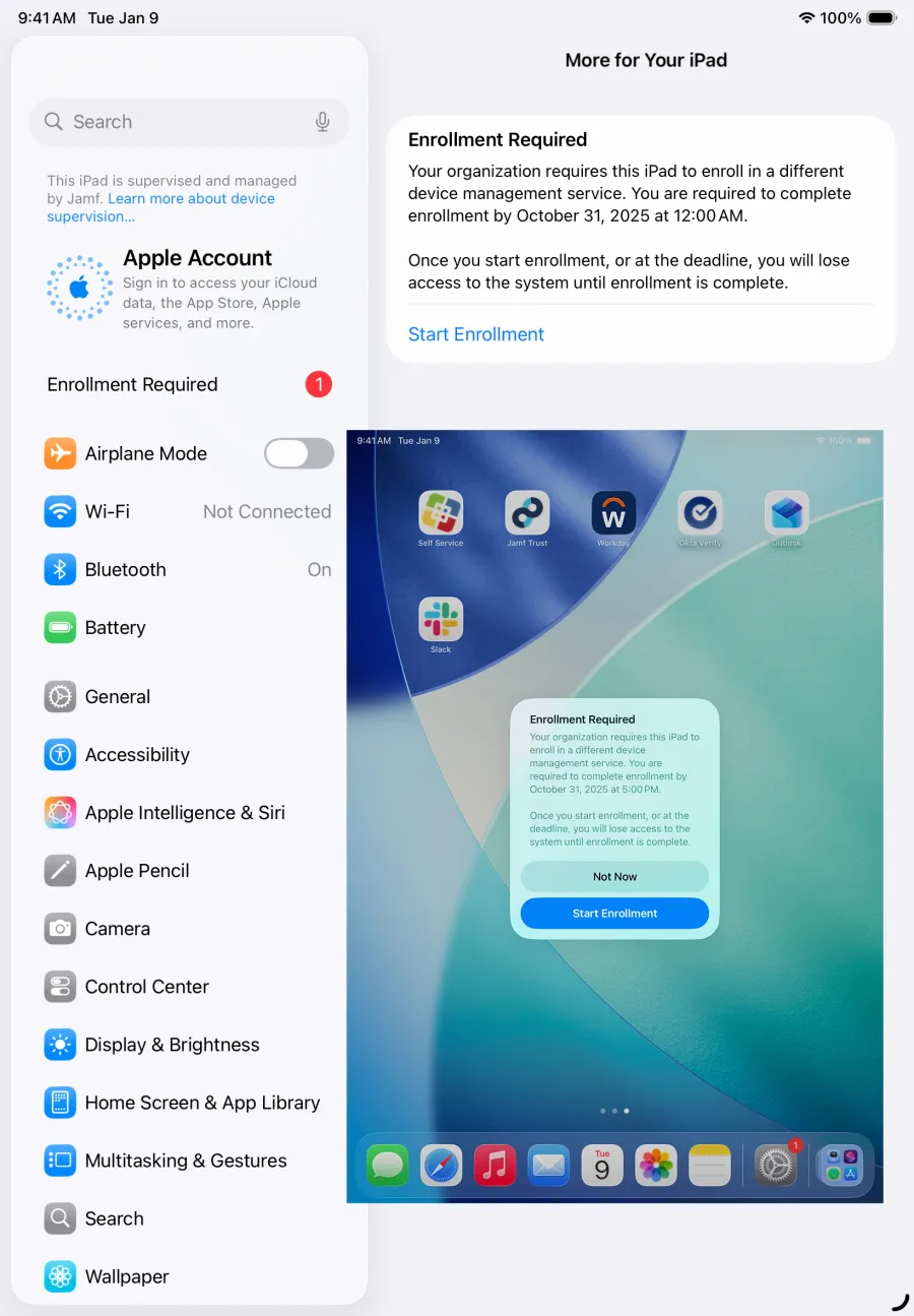 Jamf Pro Enrollment Required screen for iOS from the admin side. Inset is the view of the user side.