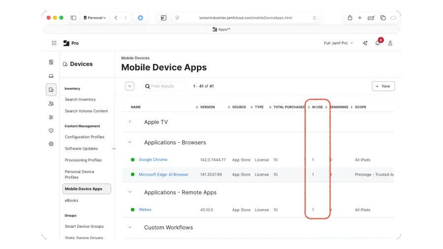 Jamf Pro mobile device admin screen with the 'in use' column highlighted