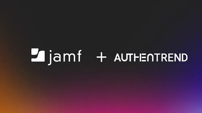 White Jamf and Authentrend logos on a dark gradient background with orange, magenta and violet