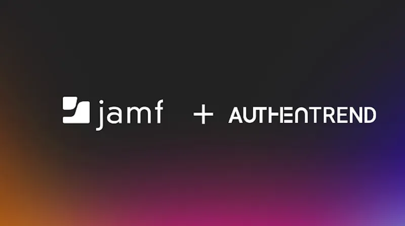 White Jamf and Authentrend logos on a dark gradient background with orange, magenta and violet