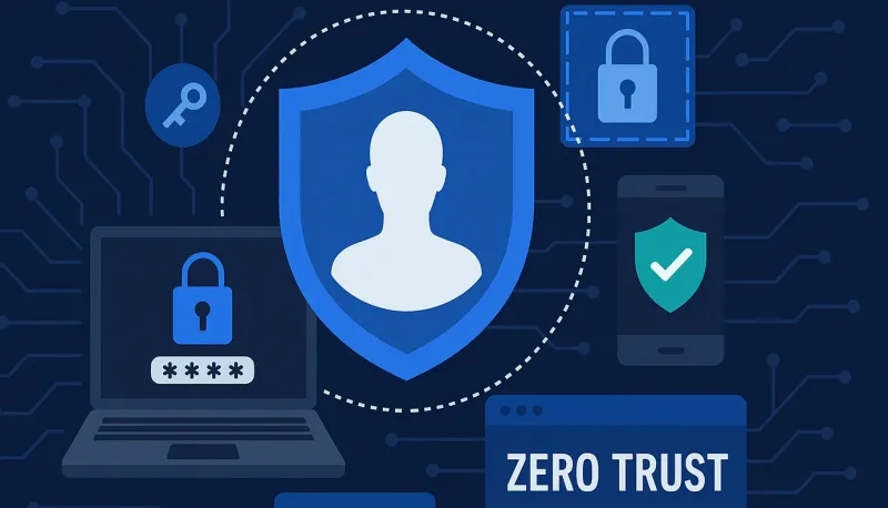 Illustration: at the center there's a human silhouette surrounded by a shield. Surrounding this are a laptop, lock, key and the words