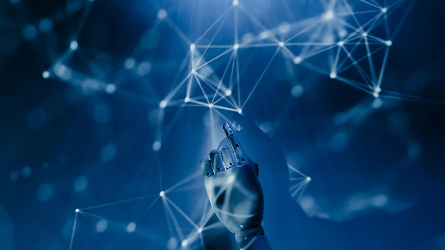 A robotic hand appears to direct the movement of streams of data or electricity.