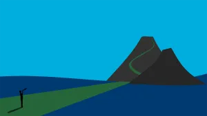 Illustration of a person standing in a stylized blue and green landscape, looking through binoculars as mountains ahead, feet on a green path that continues up the mountain. Symbolizes looking at the year ahead with Jamf.